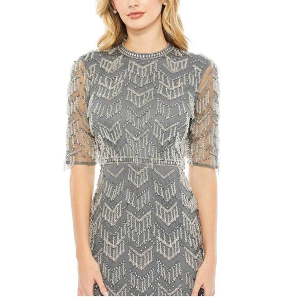NWT Mac Duggal Beaded Fringe Quarter Sleeve Column Gown 4 Charcoal #8220 - Picture 2 of 8